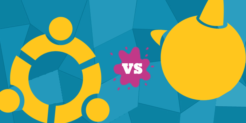 yellow ubuntu logo vs yellow freebsd logo against blue geometric background